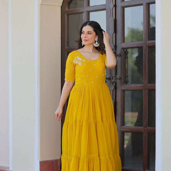 Joban Fashion Yellow Georgette Sequence Embroidery Work Gown - Distacart