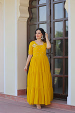 Thumbnail for Joban Fashion Yellow Georgette Sequence Embroidery Work Gown