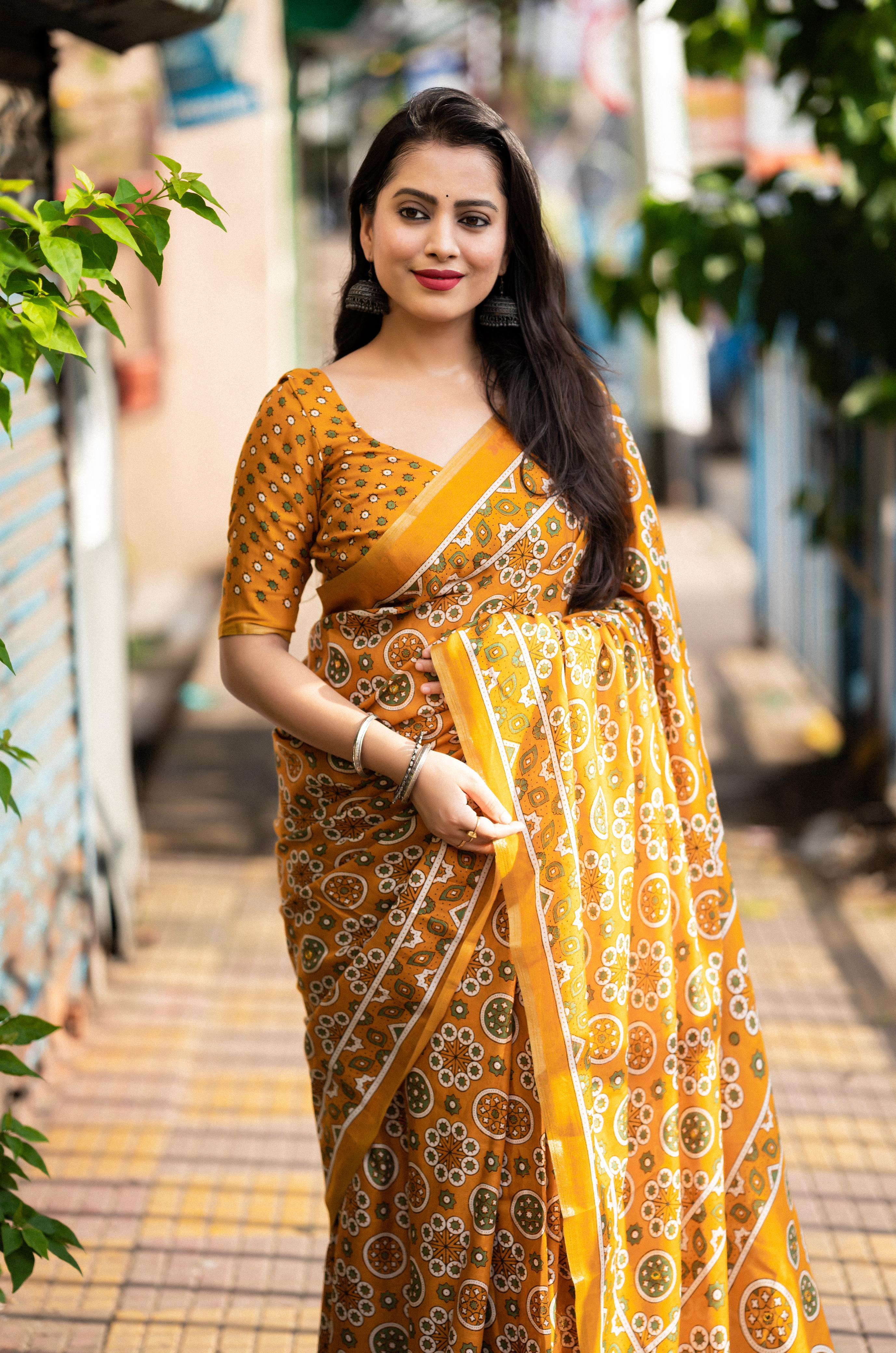 Mustard Cotton Blend Ajrak Saree with Unstitched Blouse - Hiral Fashion - Distacart