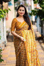 Thumbnail for Mustard Cotton Blend Ajrak Saree with Unstitched Blouse - A2M