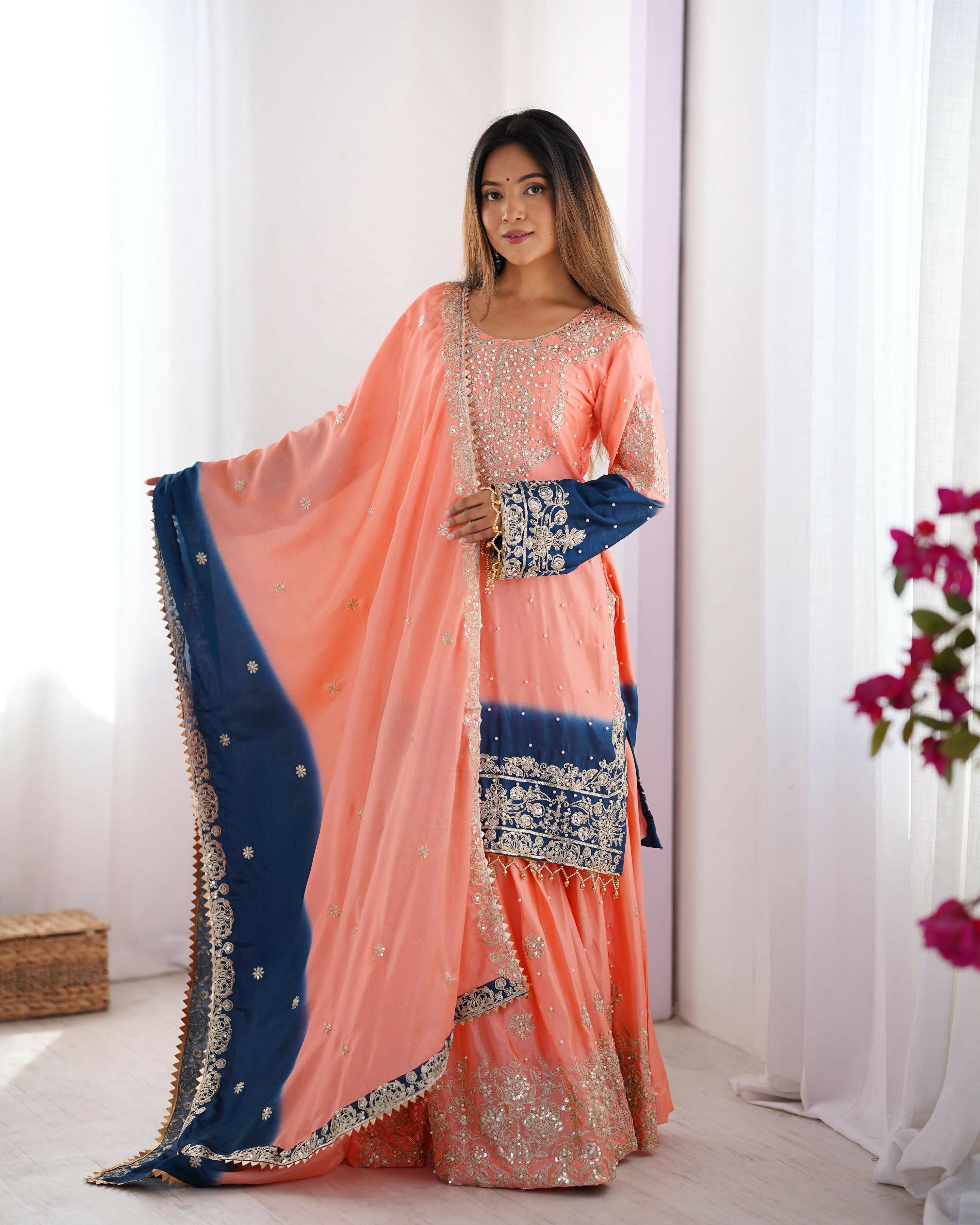 Joban Fashion Peach & Blue Palazzo Chinon silk Coding Dori with Sequence with Rivet Moti