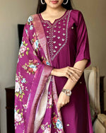 Thumbnail for The52 Wine Women's Gorgeous Embroidered Rayon Fabric Straight Kurta Pant with Dupatta Set - Distacart