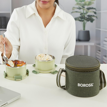 Borosil Glory Green Stainless Steel Lunch Box with Bag - Dista