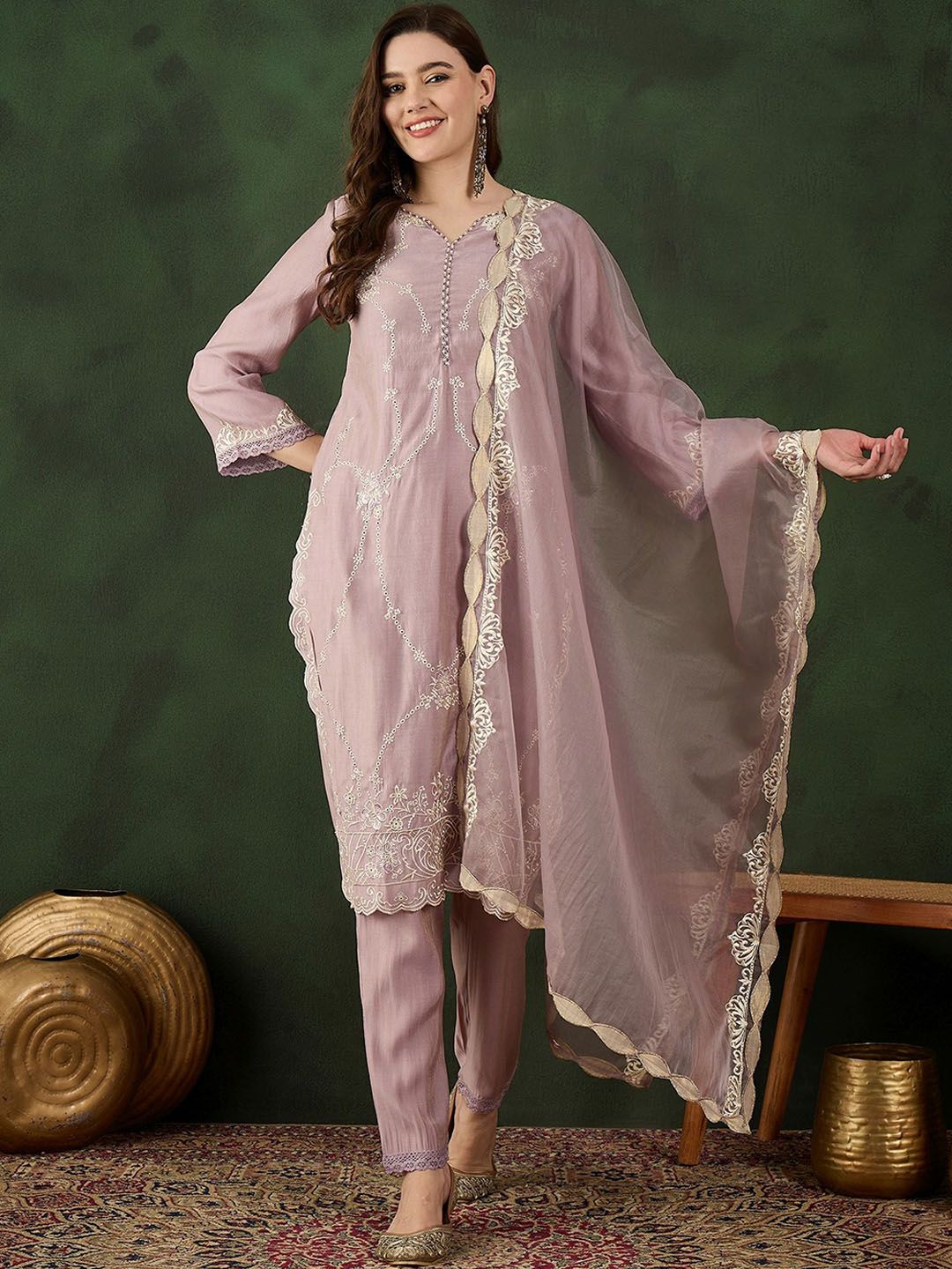 Sangria Embroidered Kurta & Trouser With Dupatta - Distacart
