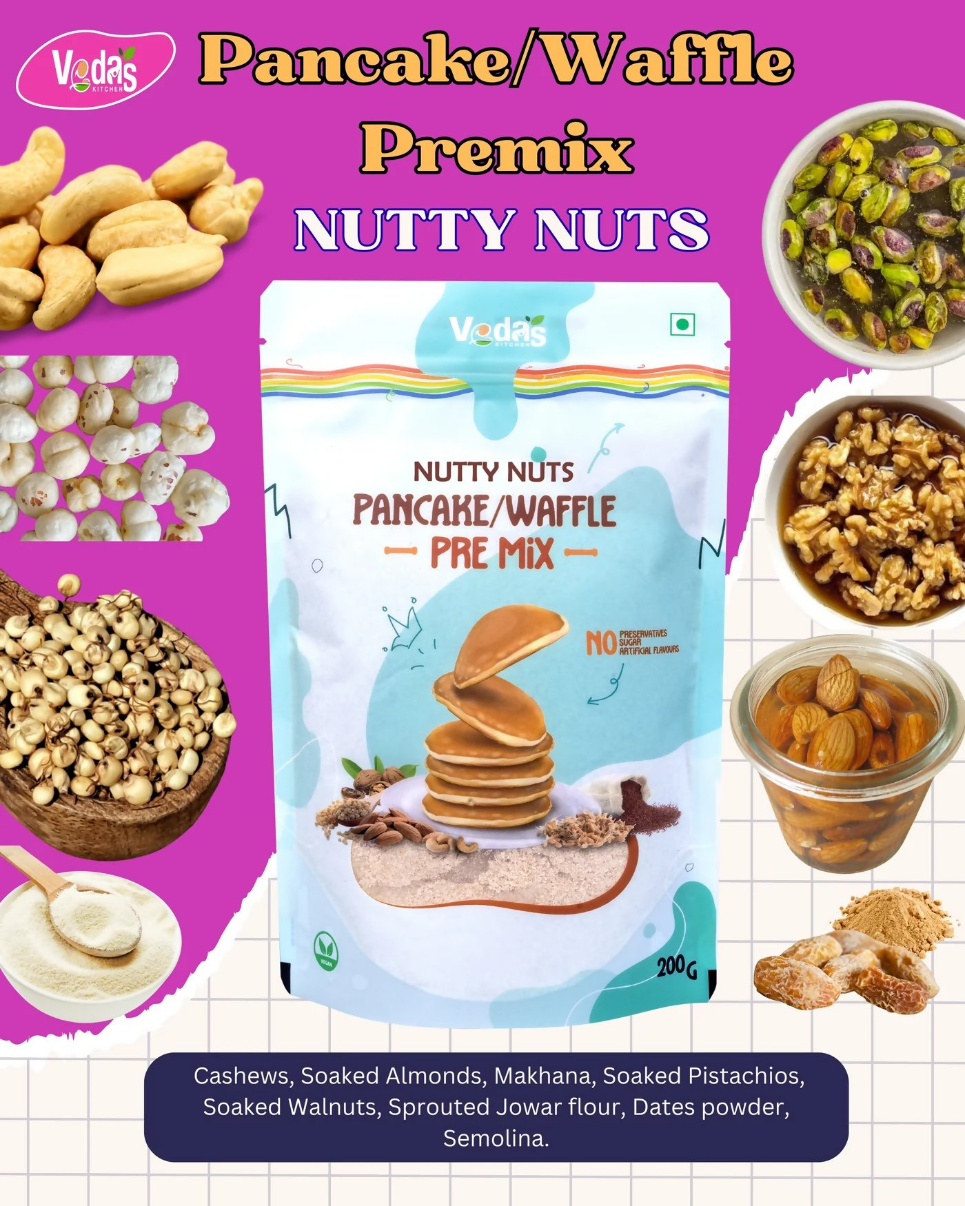 Vedas Kitchen Nutty Nuts Waffle/Pancake Premix - Dista