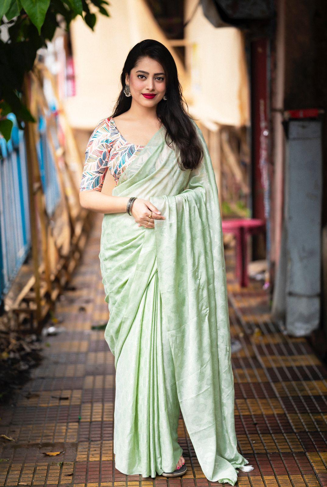 Green Poly Crepe Ethnic Motifs Saree with Unstitched Blouse - A2M - Distacart