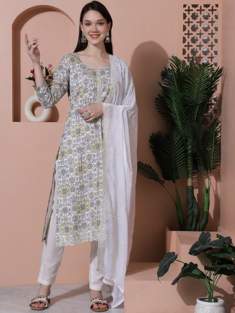 Jyoti Fashion Women's Off White Cotton Floral Digital Printed Kurta with Trouser & Dupatta - Distacart