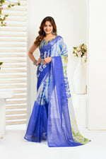 Thumbnail for Vastranavya Blue Digital Printed Linen Ready To Wear Designer Saree with Unstitched Blouse - Distacart