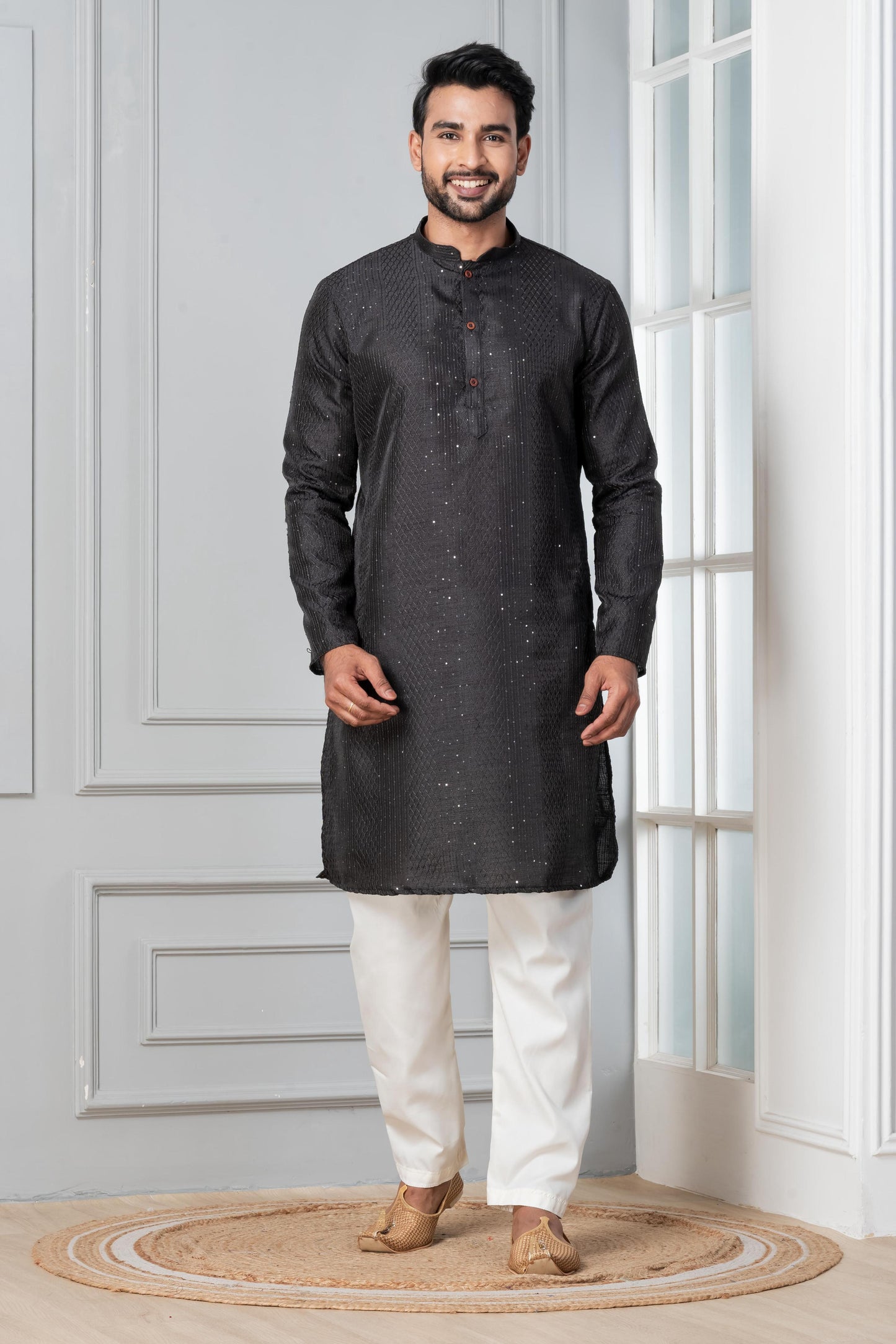 Zavaya Men Black Embroidery Silk Kurta - Dista