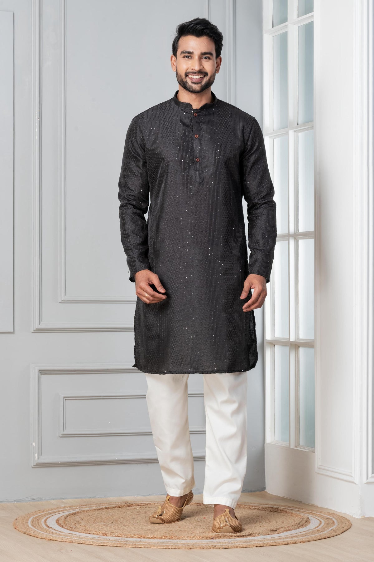 Zavaya Men Black Embroidery Silk Kurta - Dista