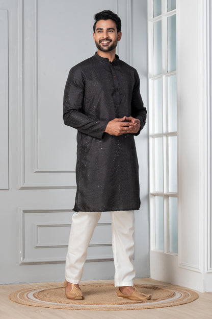 Zavaya Men Black Embroidery Silk Kurta - Dista