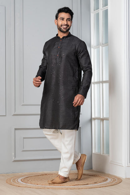 Zavaya Men Black Embroidery Silk Kurta - Dista