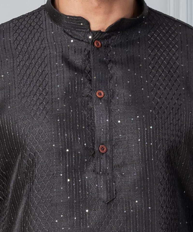 Zavaya Men Black Embroidery Silk Kurta - Dista