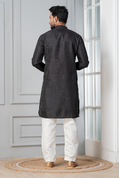 Zavaya Men Black Embroidery Silk Kurta - Dista