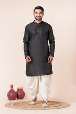 Thumbnail for Zavaya Men Black Embroidery Silk Kurta Dhoti Set