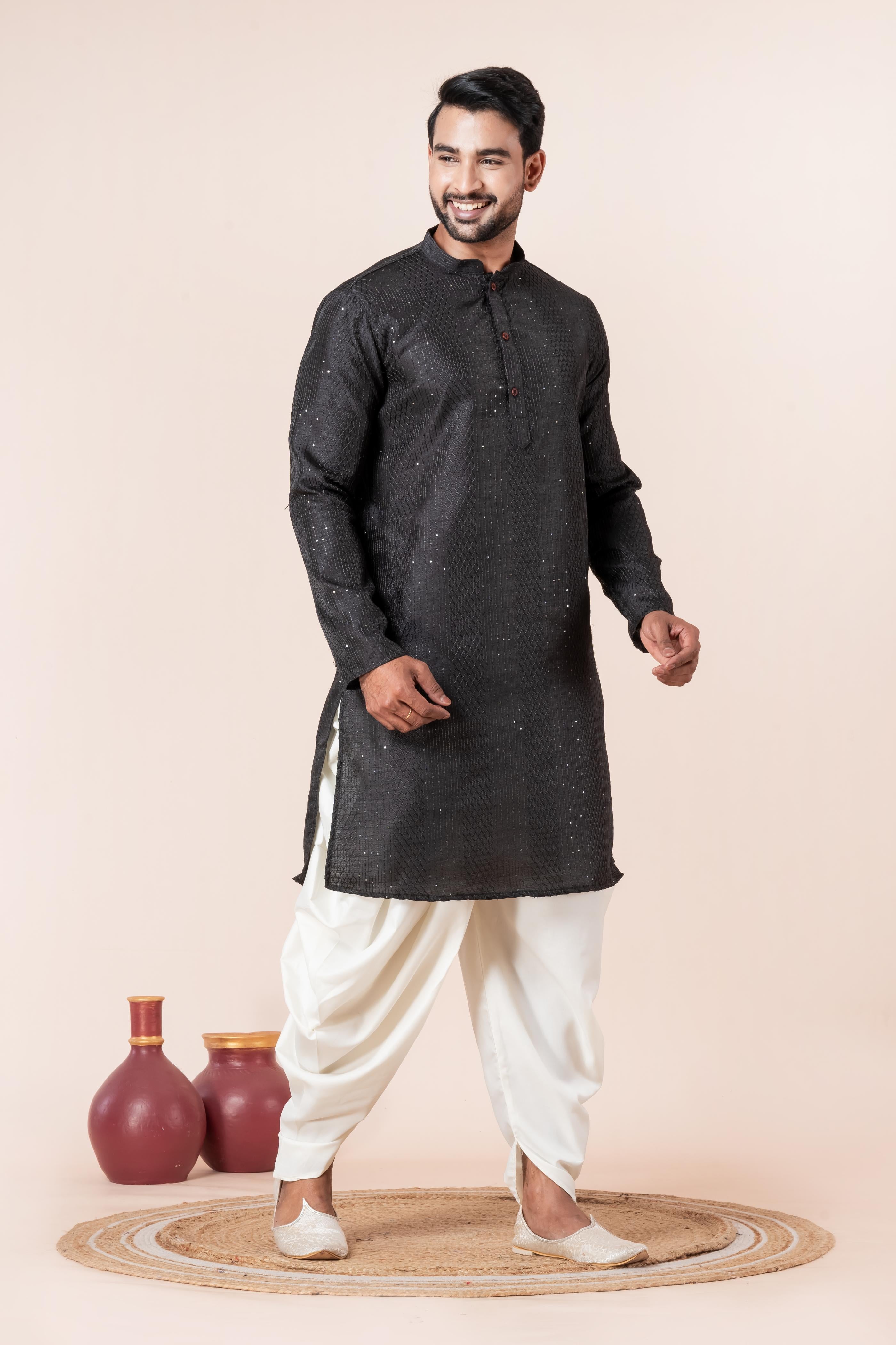 Zavaya Men Black Embroidery Silk Kurta Dhoti Set - Dista
