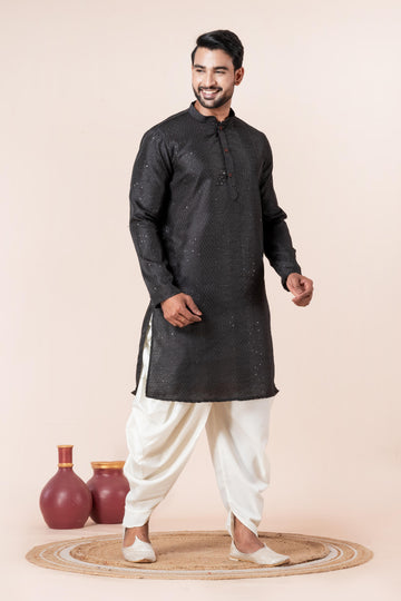Zavaya Men Black Embroidery Silk Kurta Dhoti Set - Dista