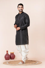 Thumbnail for Zavaya Men Black Embroidery Silk Kurta Dhoti Set