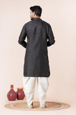 Thumbnail for Zavaya Men Black Embroidery Silk Kurta Dhoti Set