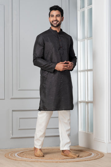 Zavaya Men Black Embroidery Silk Kurta Pyjama Set - Dista