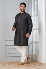 Thumbnail for Zavaya Men Black Embroidery Silk Kurta Pyjama Set