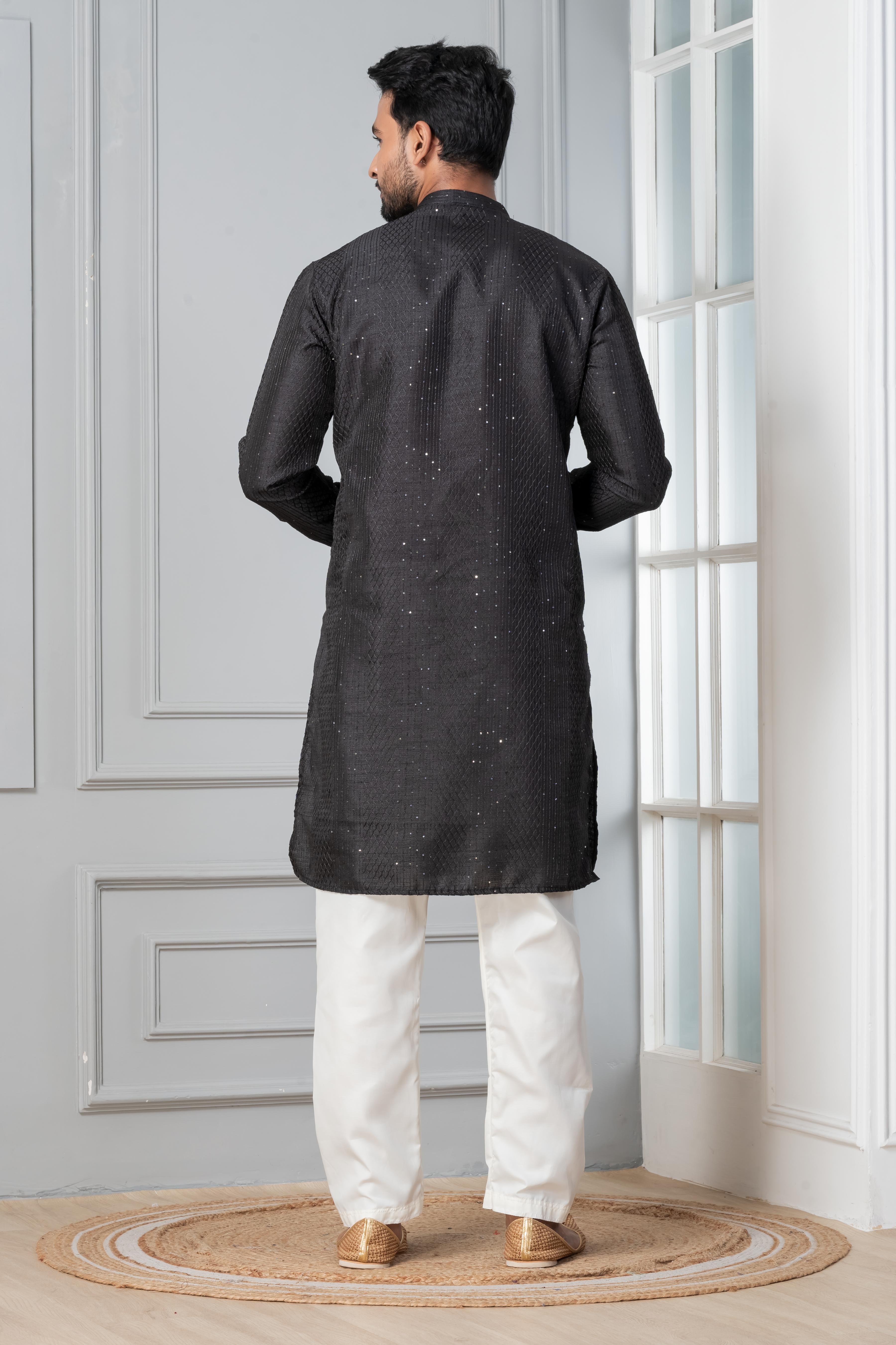 Zavaya Men Black Embroidery Silk Kurta Pyjama Set