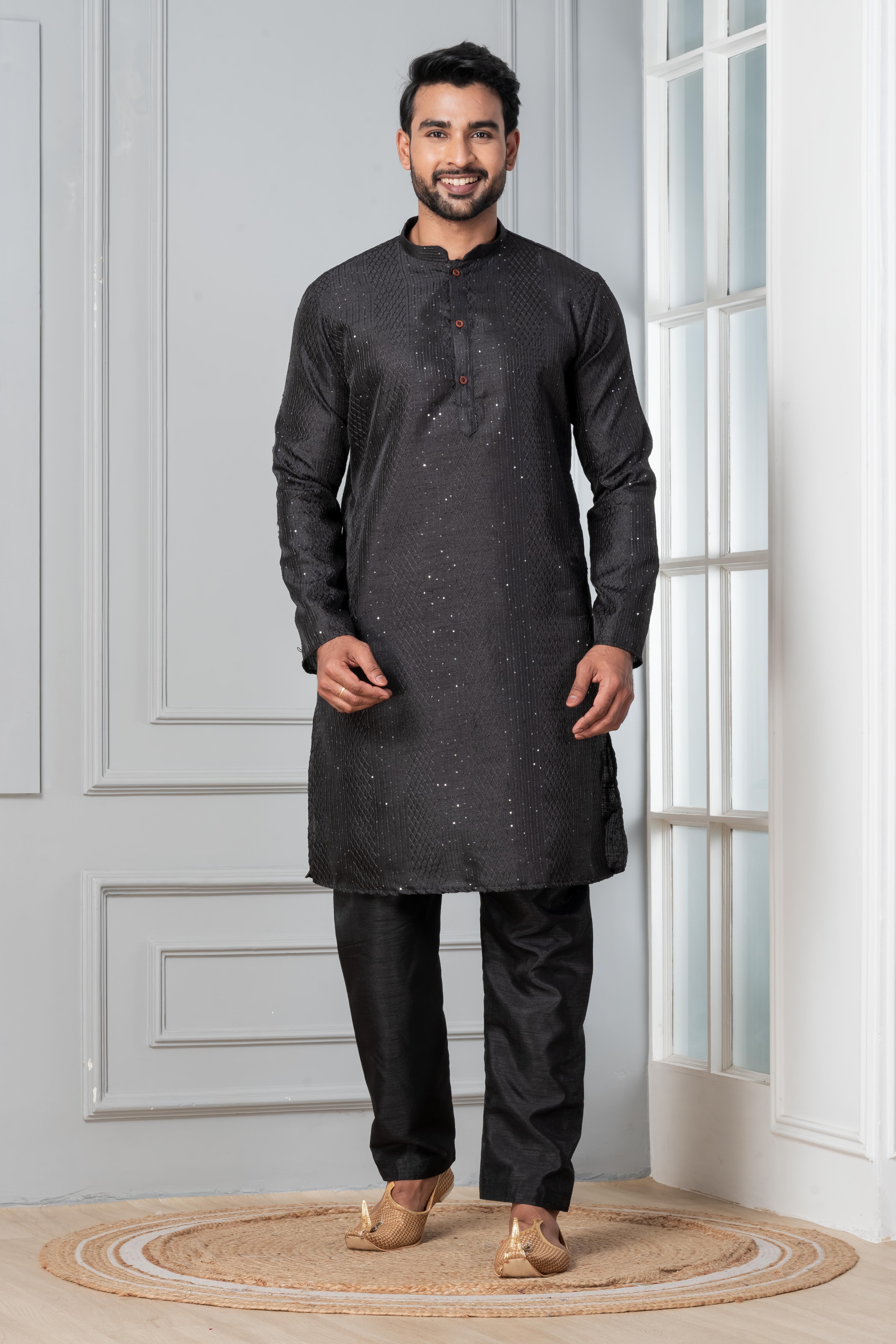Zavaya Men Black Embroidery Silk Kurta Pyjama Set