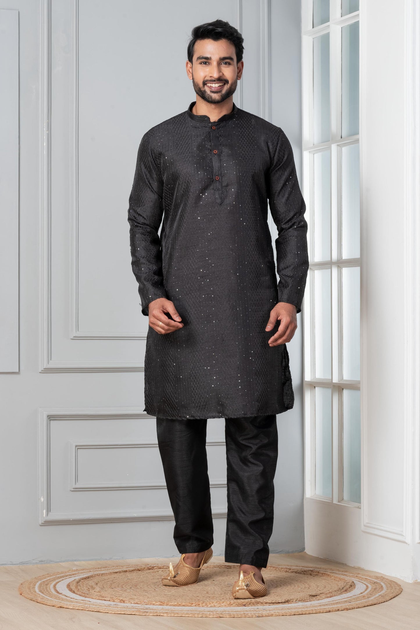 Zavaya Men Black Embroidery Silk Kurta Pyjama Set - Dista