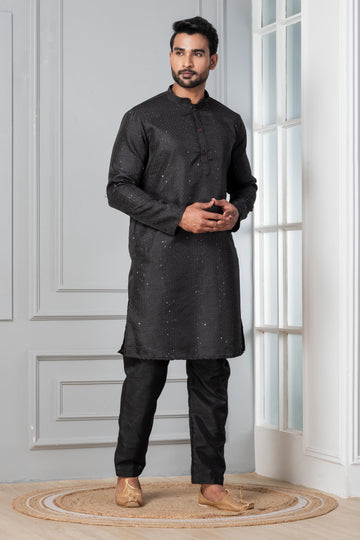 Zavaya Men Black Embroidery Silk Kurta Pyjama Set - Dista