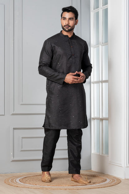 Zavaya Men Black Embroidery Silk Kurta Pyjama Set - Dista