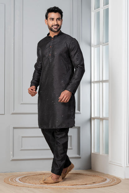 Zavaya Men Black Embroidery Silk Kurta Pyjama Set - Dista