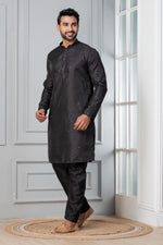 Thumbnail for Zavaya Men Black Embroidery Silk Kurta Pyjama Set