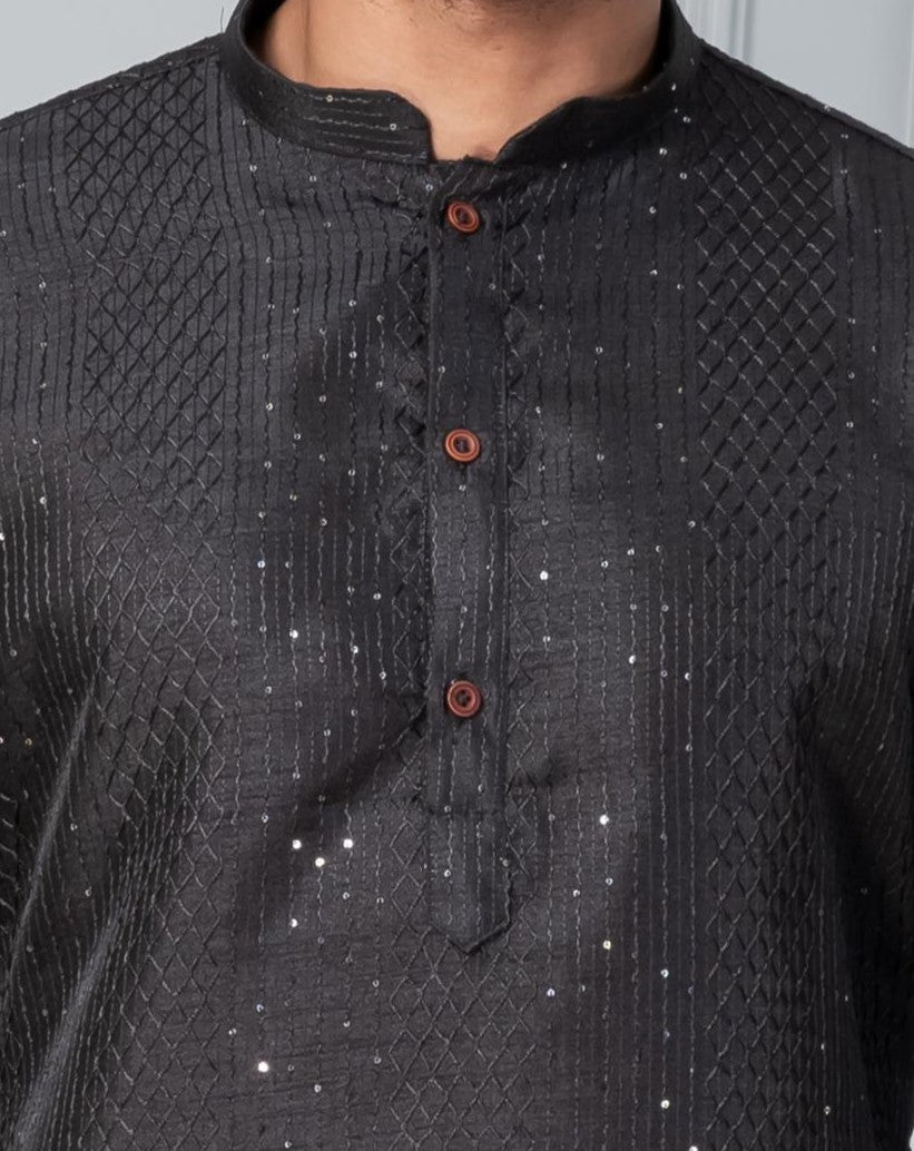 Zavaya Men Black Embroidery Silk Kurta Pyjama Set - Dista