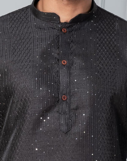 Zavaya Men Black Embroidery Silk Kurta Pyjama Set - Dista