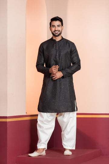 Zavaya Men Black Embroidery Silk Kurta Patiala Set - Dista