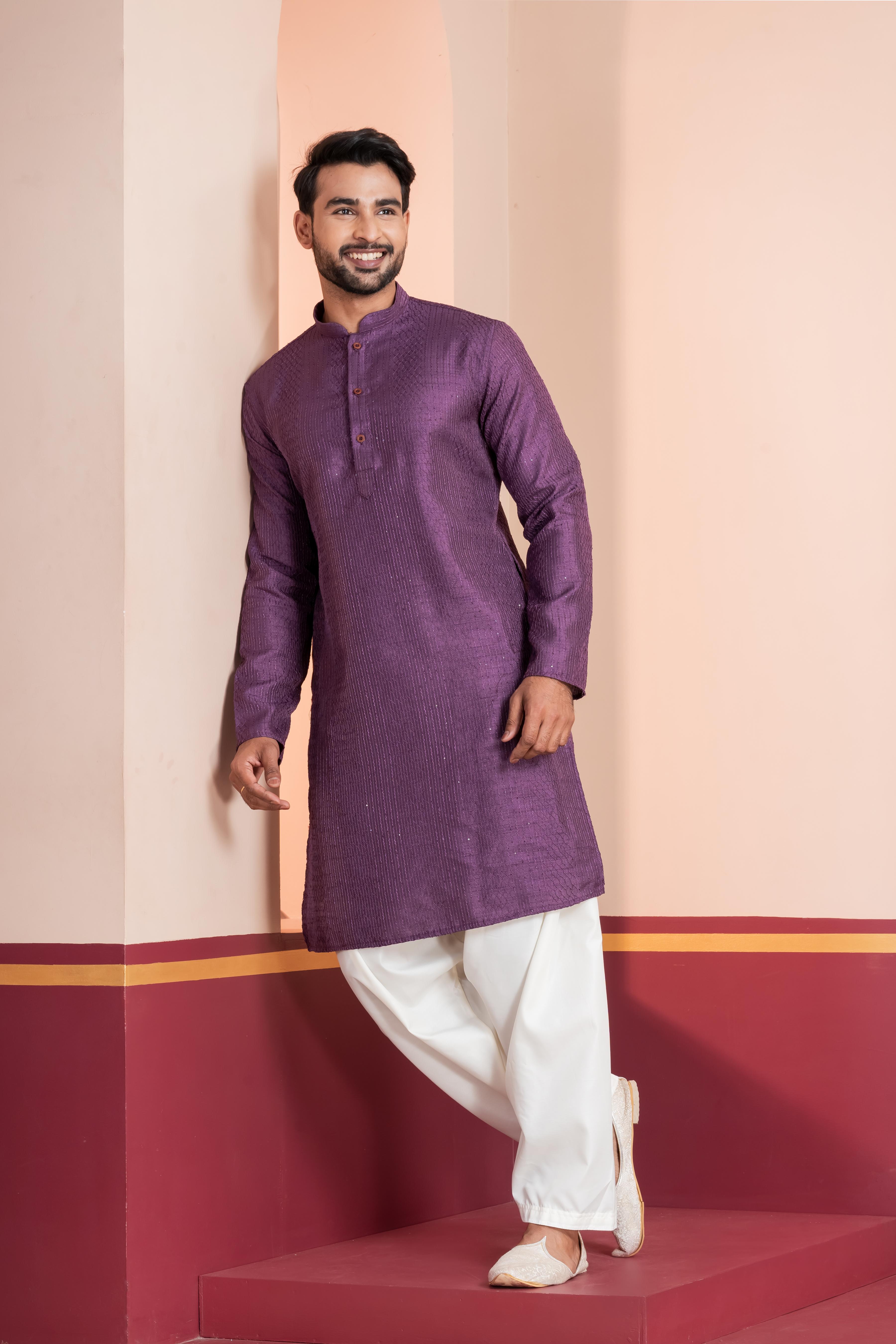 Zavaya Men Purple Embroidery Silk Kurta