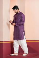 Thumbnail for Zavaya Men Purple Embroidery Silk Kurta