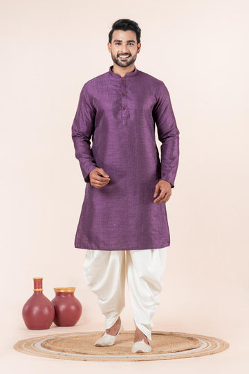 Zavaya Men Purple Embroidery Silk Kurta Dhoti Set - Dista