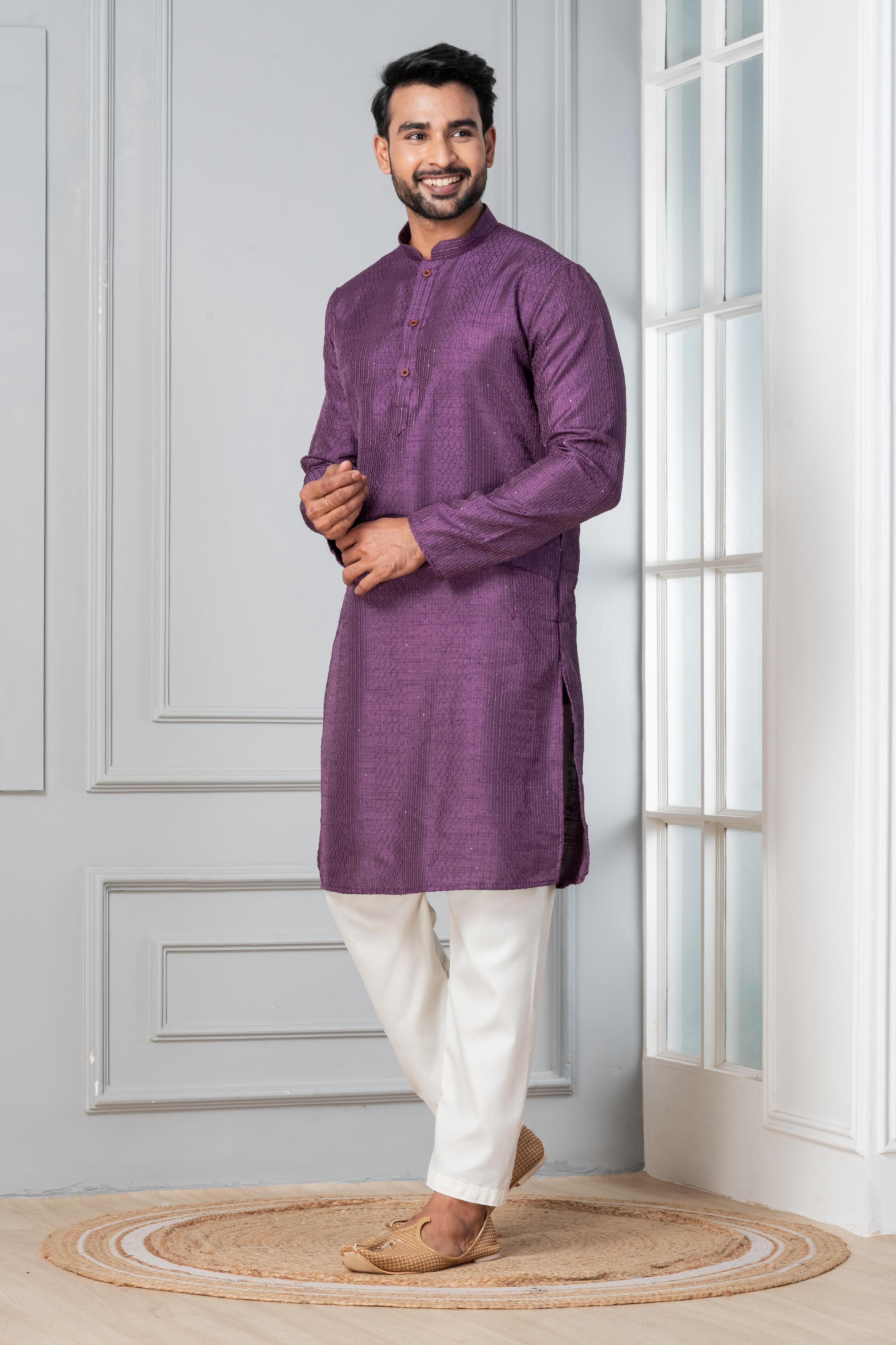 Zavaya Men Purple Embroidery Silk Kurta Pyjama Set - Dista