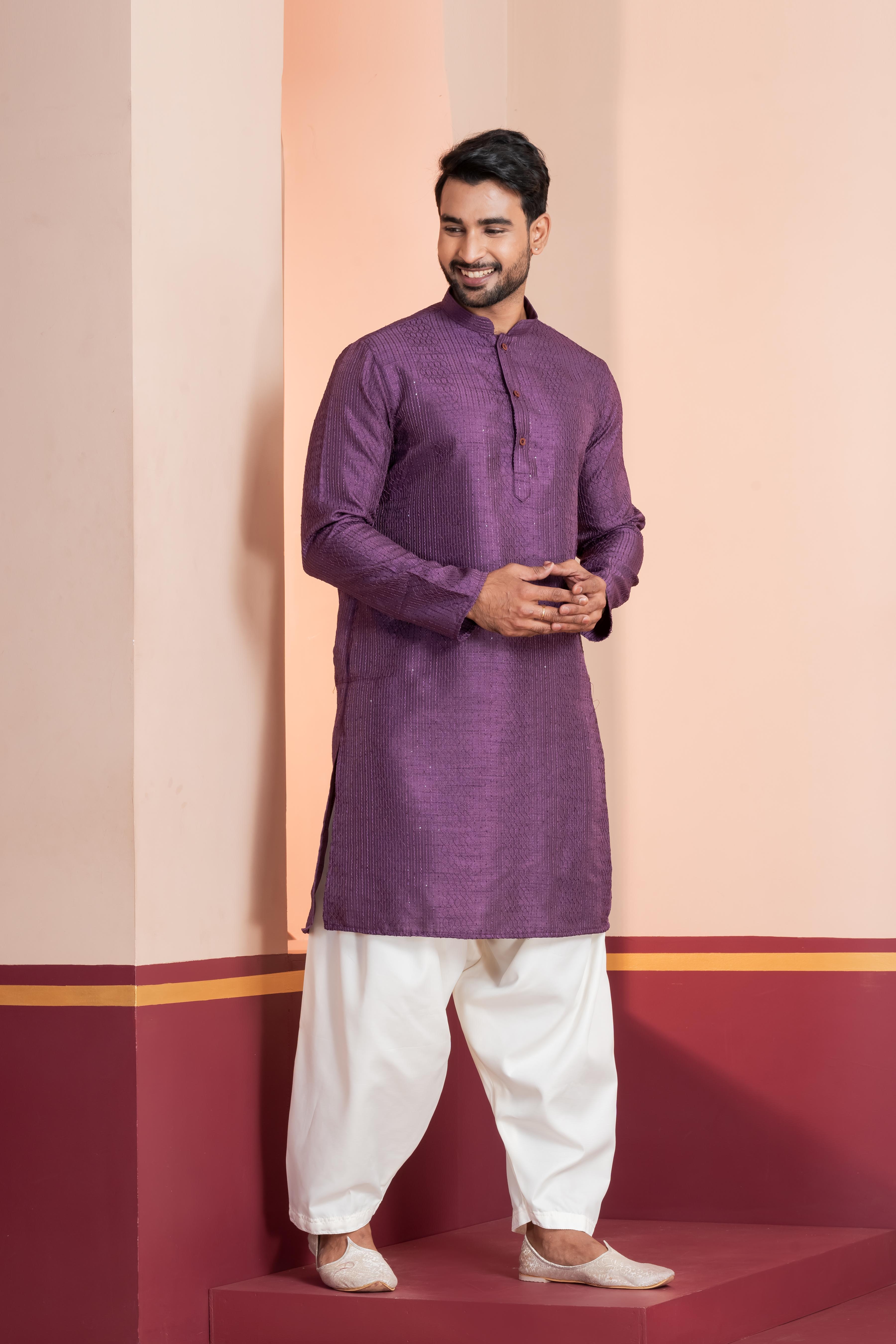 Zavaya Men Purple Embroidery Silk Kurta Patiala Set - Dista