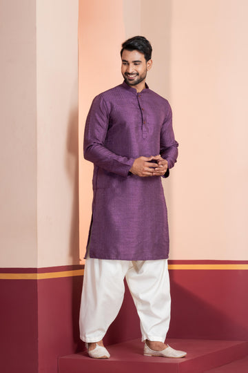 Zavaya Men Purple Embroidery Silk Kurta Patiala Set - Dista