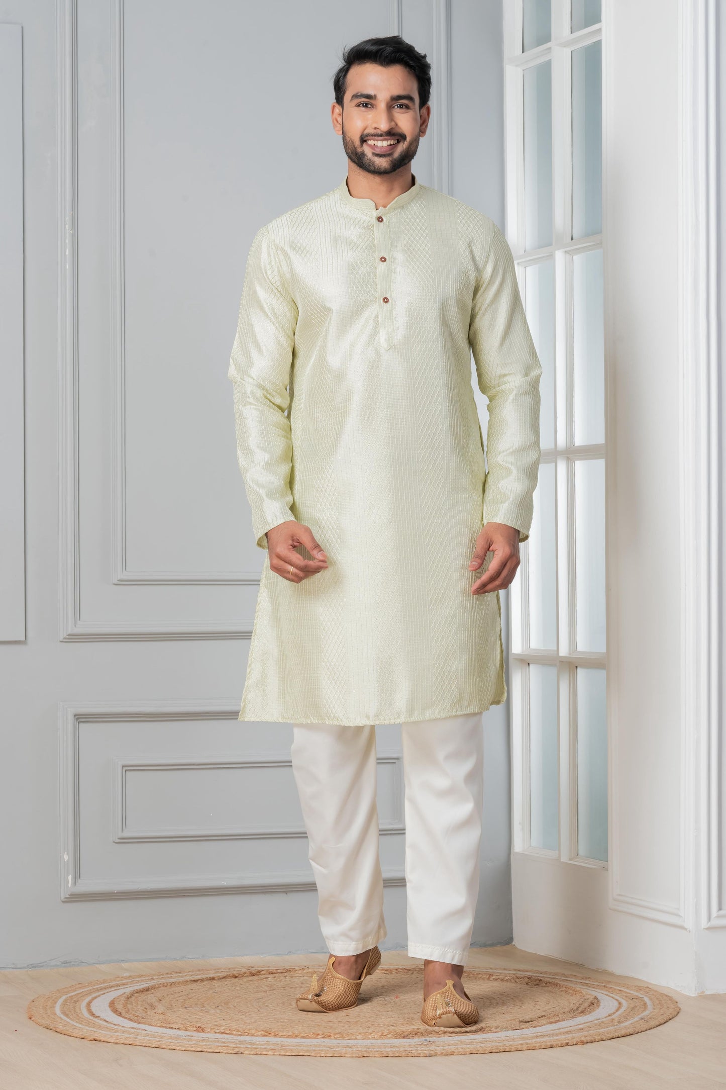 Zavaya Men Green Embroidery Silk Kurta - Dista