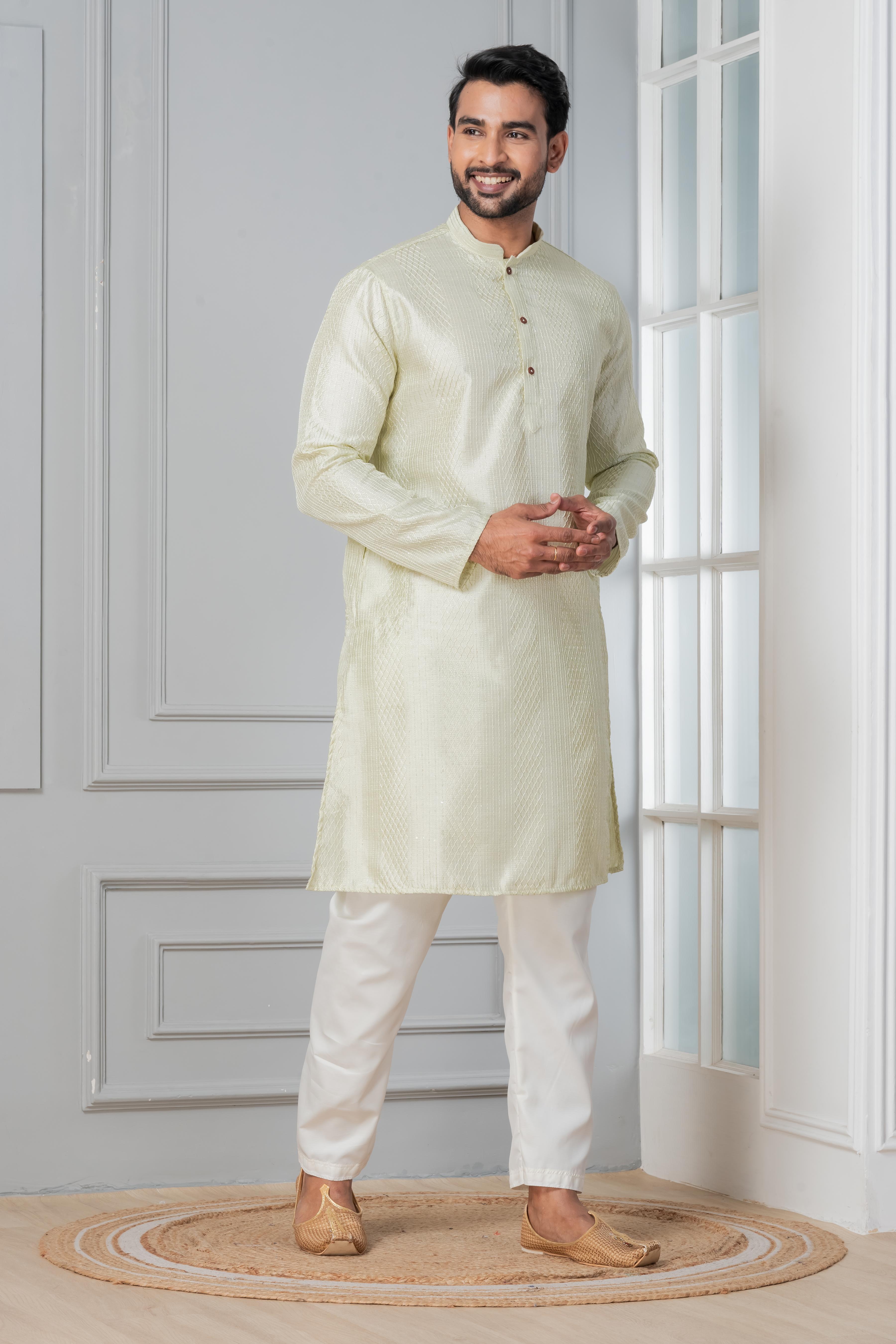 Zavaya Men Green Embroidery Silk Kurta