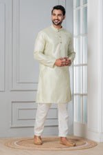 Thumbnail for Zavaya Men Green Embroidery Silk Kurta