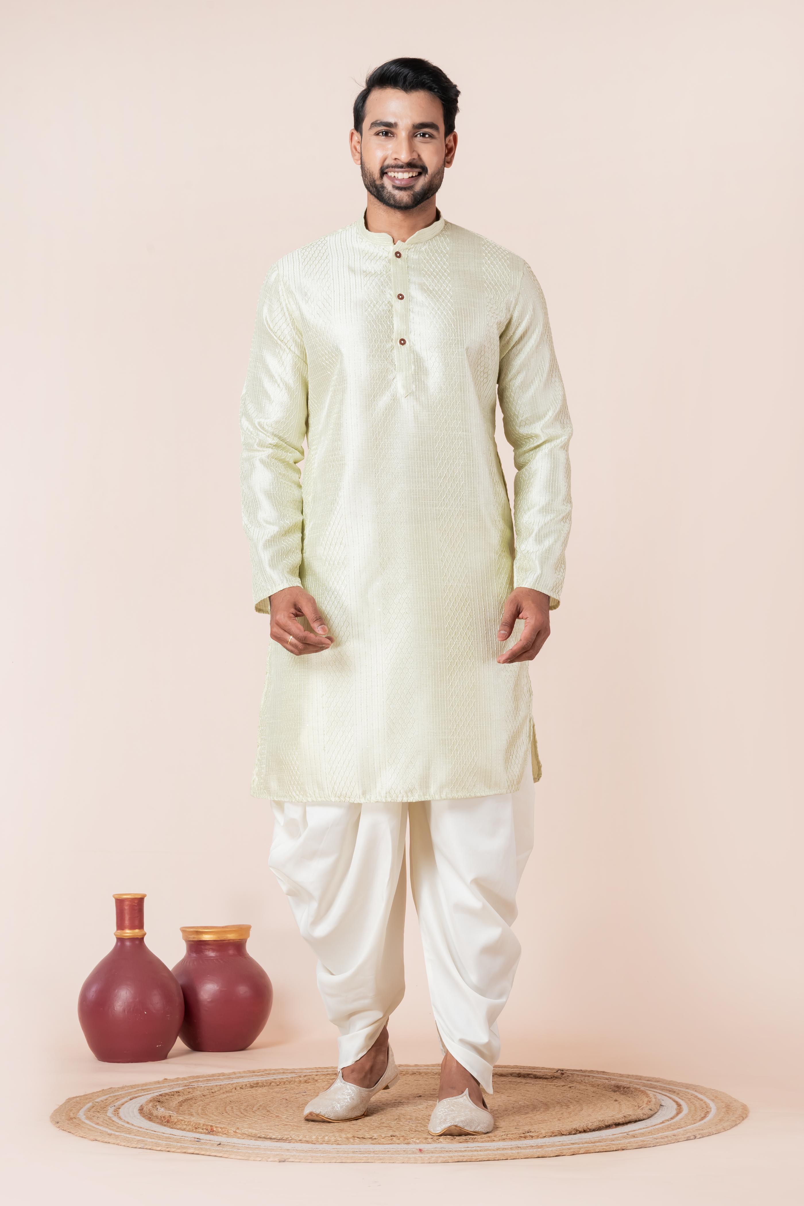 Zavaya Men Green Embroidery Silk Kurta Dhoti Set - Dista