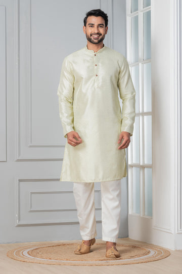 Zavaya Men Green Embroidery Silk Kurta Pyjama Set - Dista
