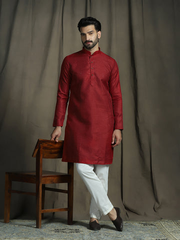 Zavaya Red Embroidery Silk Blend Kurta Pyjama Set for Men - Dista