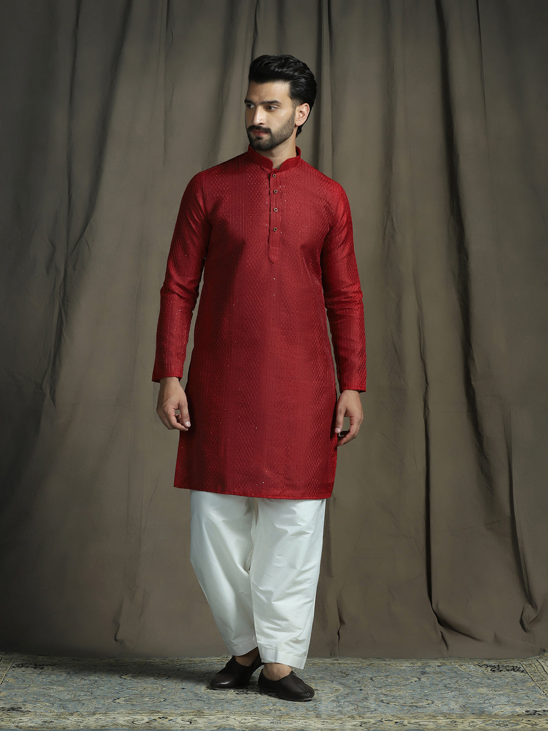 Zavaya Red Embroidery Silk Blend Kurta Patiala Set for Men - Dista