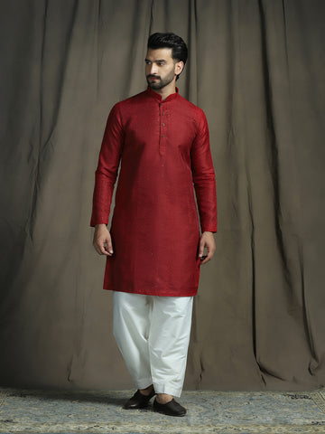 Zavaya Red Embroidery Silk Blend Kurta Patiala Set for Men - Dista
