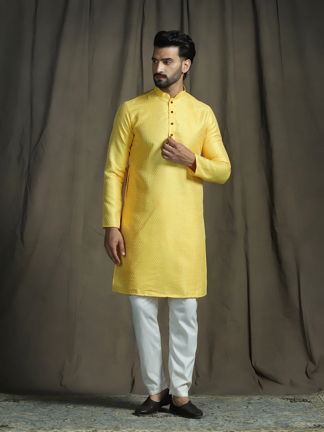 Zavaya Men Yellow Embroidery Silk Kurta - Dista